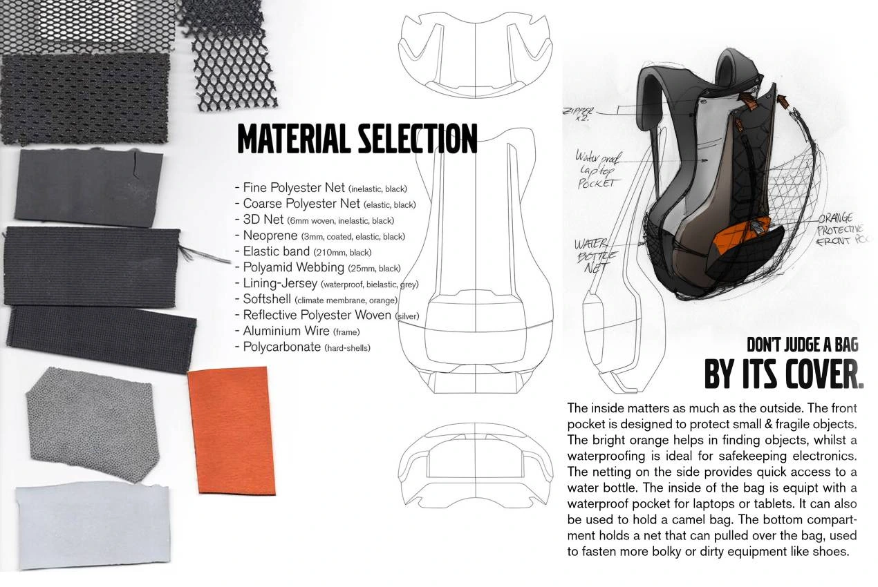 FleXC material selection board with fabric samples and an orange-lined backpack